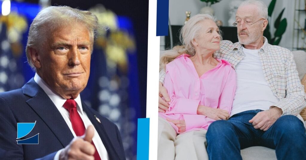 President Donald Trump next to a retired couple